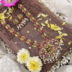 Vriksham Lakshmi With Dual Elephant Kundan Jadau Long Neckpiece-Red-White Bead-J3723