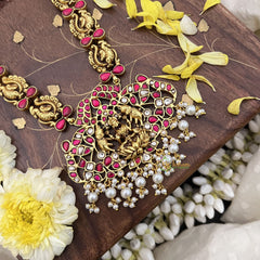 Vriksham Lakshmi With Dual Elephant Kundan Jadau Long Neckpiece-Red-White Bead-J3723