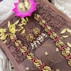 Vriksham Lakshmi With Dual Elephant Kundan Jadau Long Neckpiece-Red-White Bead-J3723