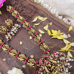 Vriksham Lakshmi With Dual Elephant Kundan Jadau Long Neckpiece-Red-White Bead-J3723