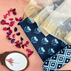 Navy Blue Cotton Suit Material Set-Bagru Printed-VS3424