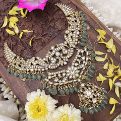 Vriksham Kundan Jadau Layered Short Neckpiece-Pastel Green Bead-White-J3728