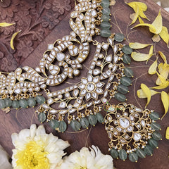 Vriksham Kundan Jadau Layered Short Neckpiece-Pastel Green Bead-White-J3728