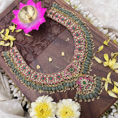 Vriksham Kundan Jadau Dual Peacock Pendant Short Neckpiece-Pastel Green Beads-J3733