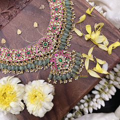 Vriksham Kundan Jadau Dual Peacock Pendant Short Neckpiece-Pastel Green Beads-J3733