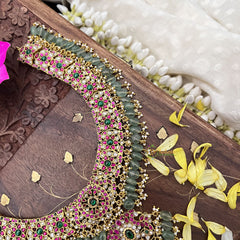 Vriksham Kundan Jadau Dual Peacock Pendant Short Neckpiece-Pastel Green Beads-J3733