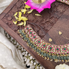 Vriksham Kundan Jadau Dual Peacock Pendant Short Neckpiece-Pastel Green Beads-J3733