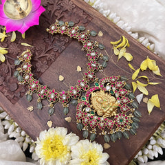 Vriksham Kundan Jadau Lakshmi Pendant With Maanga & Floral Short Neckpiece-Pastel Green Beads-J3734