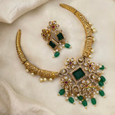 Premium AD Stone Hasli Choker-Green Beads-G12087