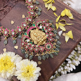 Vriksham Kundan Jadau Lakshmi Pendant With Maanga & Floral Short Neckpiece-Pastel Green Beads-J3734