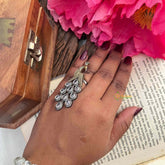 Vriksham Oxidized Silver Peacock Statement Figure Ring-White-S1162