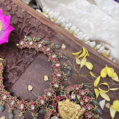 Vriksham Kundan Jadau Lakshmi Pendant With Maanga & Floral Short Neckpiece-Pastel Green Beads-J3734