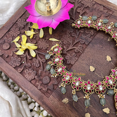 Vriksham Kundan Jadau Lakshmi Pendant With Maanga & Floral Short Neckpiece-Pastel Green Beads-J3734