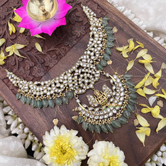 Vriksham Kundan Jadau Half Moon Style With Lakshmi Short Neckpiece-Pastel Green Bead-White-J3729