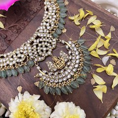 Vriksham Kundan Jadau Half Moon Style With Lakshmi Short Neckpiece-Pastel Green Bead-White-J3729