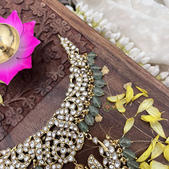 Vriksham Kundan Jadau Half Moon Style With Lakshmi Short Neckpiece-Pastel Green Bead-White-J3729