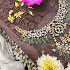 Vriksham Kundan Jadau Half Moon Style With Lakshmi Short Neckpiece-Pastel Green Bead-White-J3729