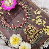 Vriksham Kundan Jadau Two Lakshmi Pendant With Elephant Short Neckpiece-Pastel Green Bead-J3730