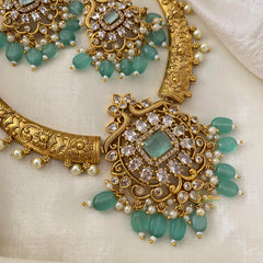 Premium AD Stone Pendant Hasli Choker-Aqua Green Beads-G12095