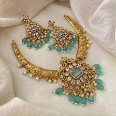 Premium AD Stone Pendant Hasli Choker-Aqua Green Beads-G12095