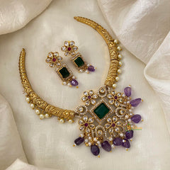 Premium AD Stone Hasli Choker-Purple Beads-G12086