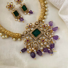 Premium AD Stone Hasli Choker-Purple Beads-G12086