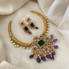 Premium AD Stone Hasli Choker-Purple Beads-G12086