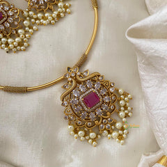 Premium AD Stone Pendant Hasli Choker-Dual Peacock-G12089