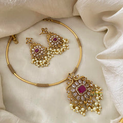 Premium AD Stone Pendant Hasli Choker-Dual Peacock-G12089