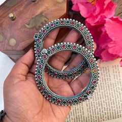 Vriksham Elegant Doted Tribal Oxidized Silver Kada Bnagle-Red Green-S1144