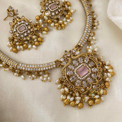 Premium AD Stone Pendant Hasli Choker-Rice Pearls-Pink-G12093