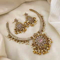 Premium AD Stone Pendant Hasli Choker-Rice Pearls-Pink-G12093