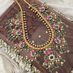 Vriksham Elegant Peacock Pendant Kundan Jadau Neckpiece-Pastel Green Beads-J3736