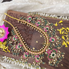 Vriksham Elegant Peacock Pendant Kundan Jadau Neckpiece-Pastel Green Beads-J3736