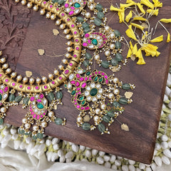 Vriksham Elegant Peacock Pendant Kundan Jadau Neckpiece-Pastel Green Beads-J3736
