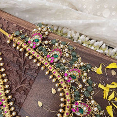 Vriksham Elegant Peacock Pendant Kundan Jadau Neckpiece-Pastel Green Beads-J3736