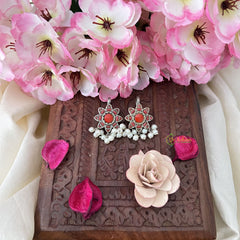 Vriksham Floral Maharashtrian Style Press Bugadi-Coral-White Bead-J3145