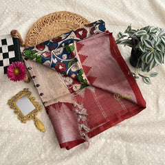 Beige Kalamkari Saree with Kanchi Border-VS4156