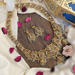 Vriksham Exclusive AD Stone Lakshmi Long Neckpiece-Pastel Green Bead-G16162