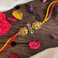 Rakshabandhan Kundan Mayil Rakhi-Red Yellow Thread-G13054