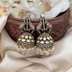Vriksham Designer Dual Elephants Pinkish White Bead Victorian Diamond Jhumkas-VV2015