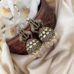 Vriksham Designer Dual Elephants Pinkish White Bead Victorian Diamond Jhumkas-VV2015