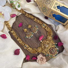 Vriksham Exquisite Dual Elephant Long Neckpiece-Rice Pearl-Green Bead-G16158