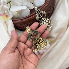 Vriksham Designer Dual Elephants Pinkish White Bead Victorian Diamond Jhumkas-VV2015