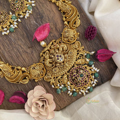 Vriksham Exquisite Dual Elephant Long Neckpiece-Rice Pearl-Green Bead-G16158