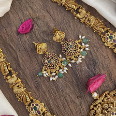 Vriksham Exquisite Dual Elephant Long Neckpiece-Rice Pearl-Green Bead-G16158