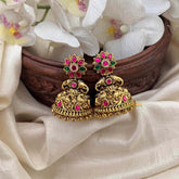 Vriksham Classic Gold Temple Floral Jhumkas Earrings-Red Green-Gold Bead-G21592