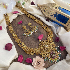 Vriksham Exquisite Dual Elephant Long Neckpiece-Rice Pearl-Green Bead-G16158