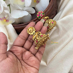 Vriksham Classic Gold Temple Floral Jhumkas Earrings-Red Green-Gold Bead-G21592