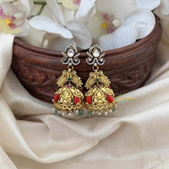 Vriksham Antique Dual Tone Gold Peacock Temple Floral & AD Studs Jhumkas Earrings-Red Green-Green Bead-G21591
